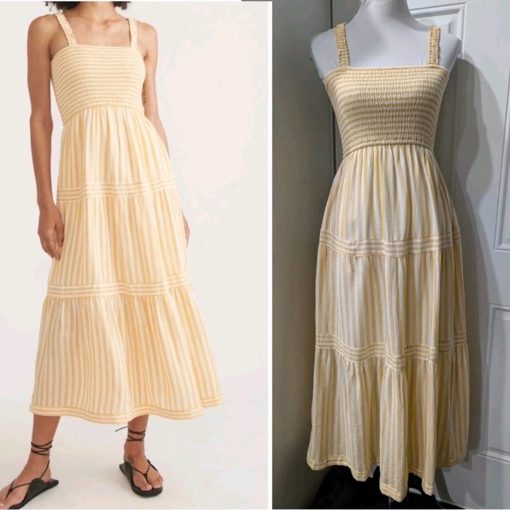 Marine Layer Selene Dress xs Smocked Midi Yellow & Cream w/ pockets